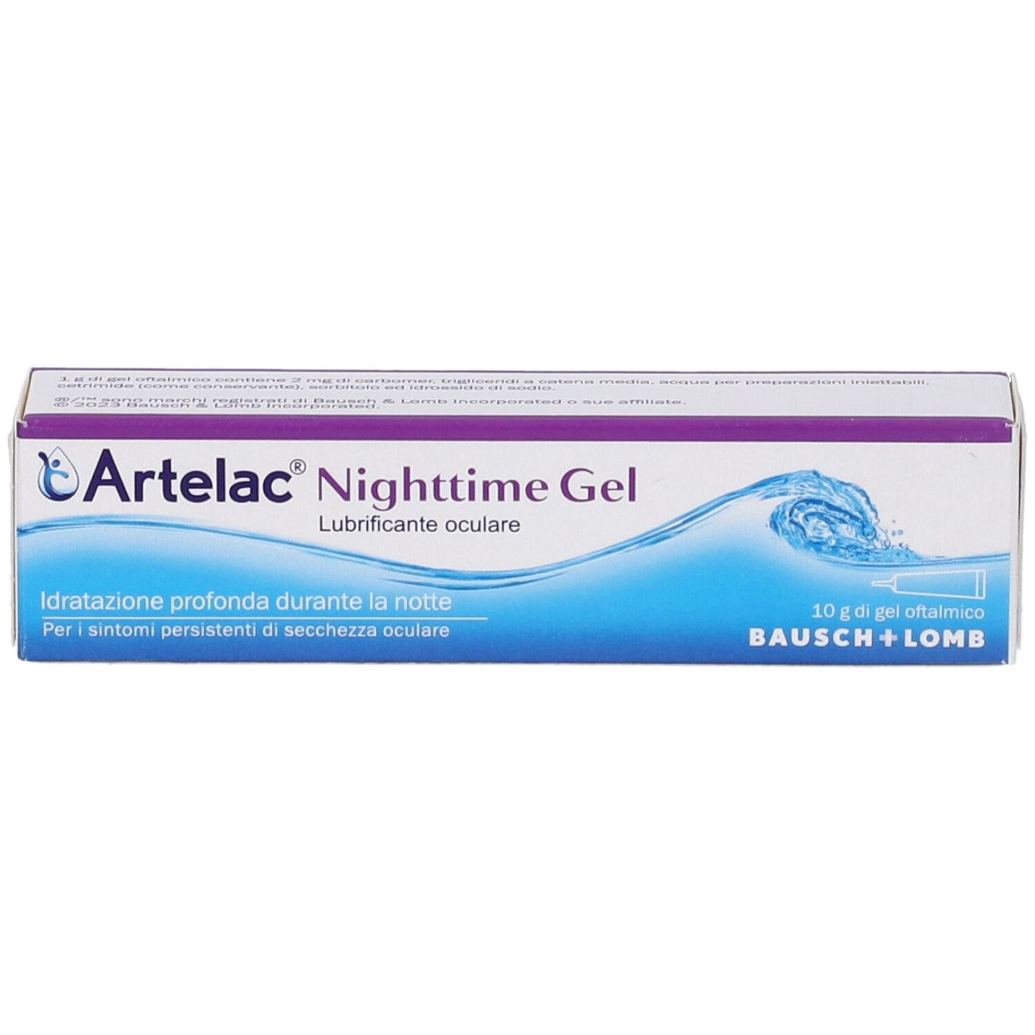 Artelac Nighttime Gel-Verpackung. Weiße und violette Schachtel mit Produktnamen und Logo. Text: Idratatione profonda durante la notte.