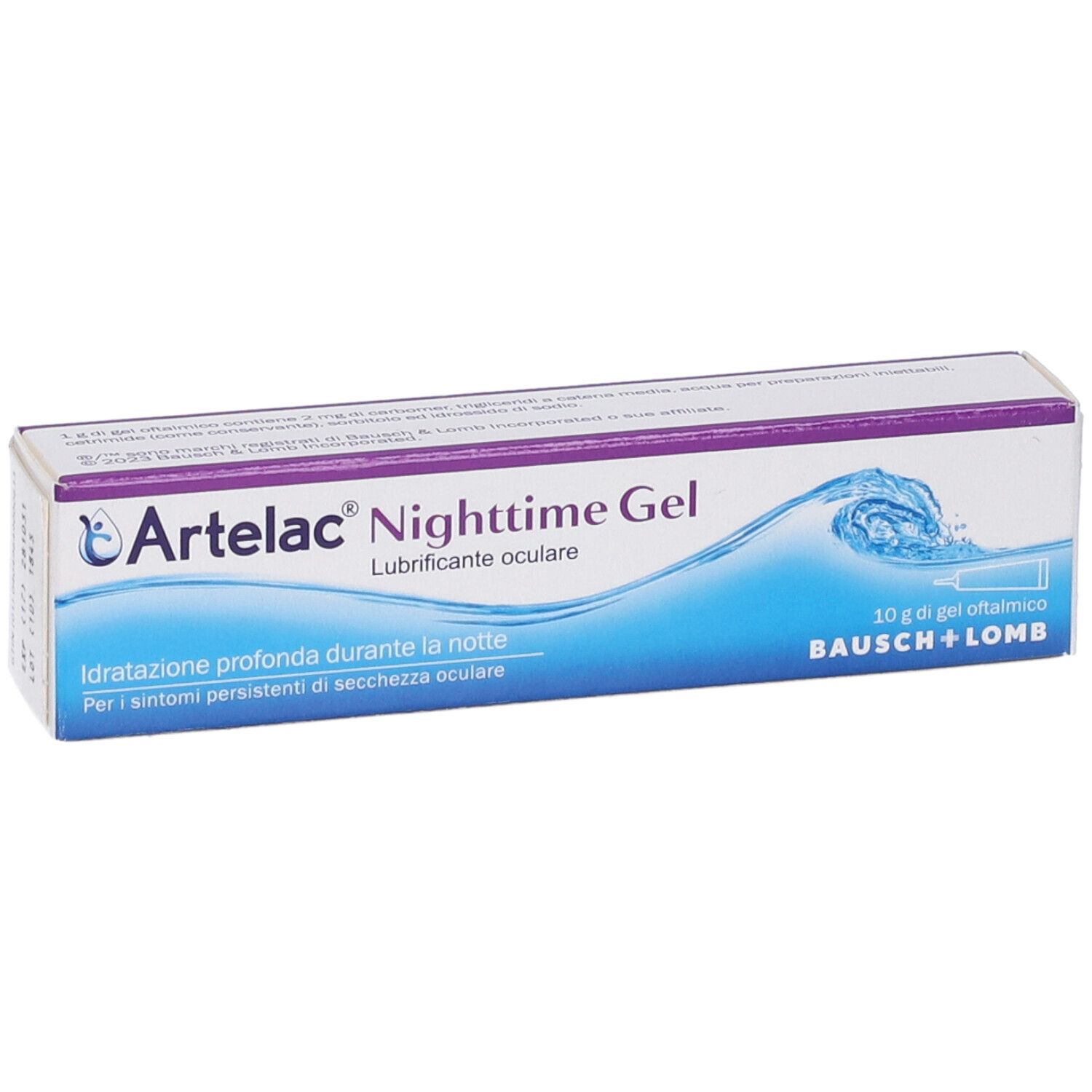 Artelac Nighttime Gel-Verpackung. Weiße und violette Schachtel mit Produktnamen und Logo. Text: Idratatione profonda durante la notte.