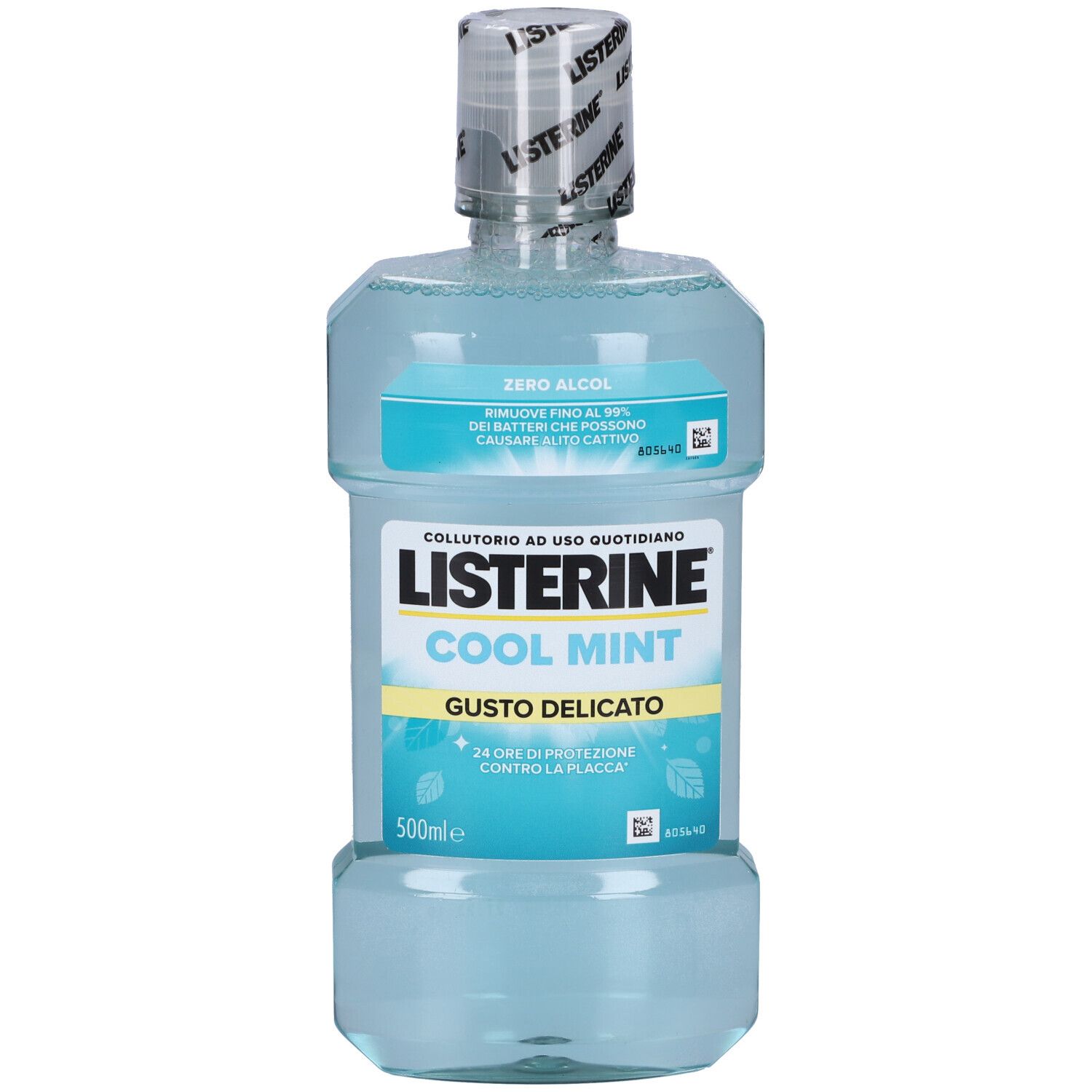 Mundspülung-Flasche, blaues Flüssigkeit, Etikett mit Text. "Listerine Cool Mint".