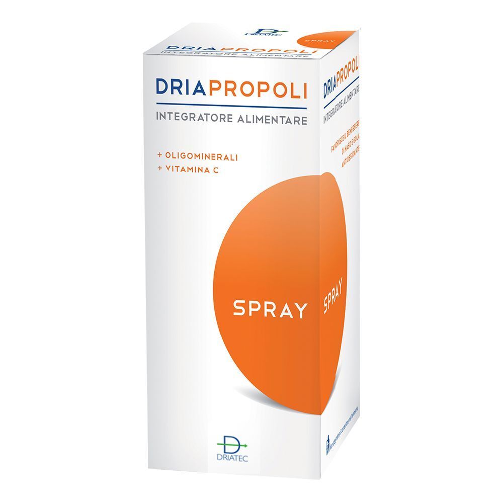 Weiße Verpackung mit orangefarbenem Kreis. Darauf steht "Dria Propoli Spray". Enthält Oligominerali und Vitamin C. Marke: Dratec.