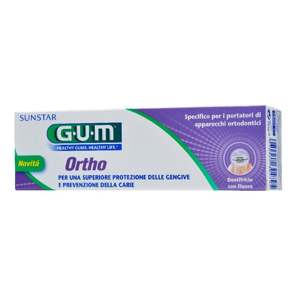 Tubo di dentifricio G.U.M. Ortho. Schema colori bianco, verde e viola. Testo: Per portatori di apparecchi ortodontici.