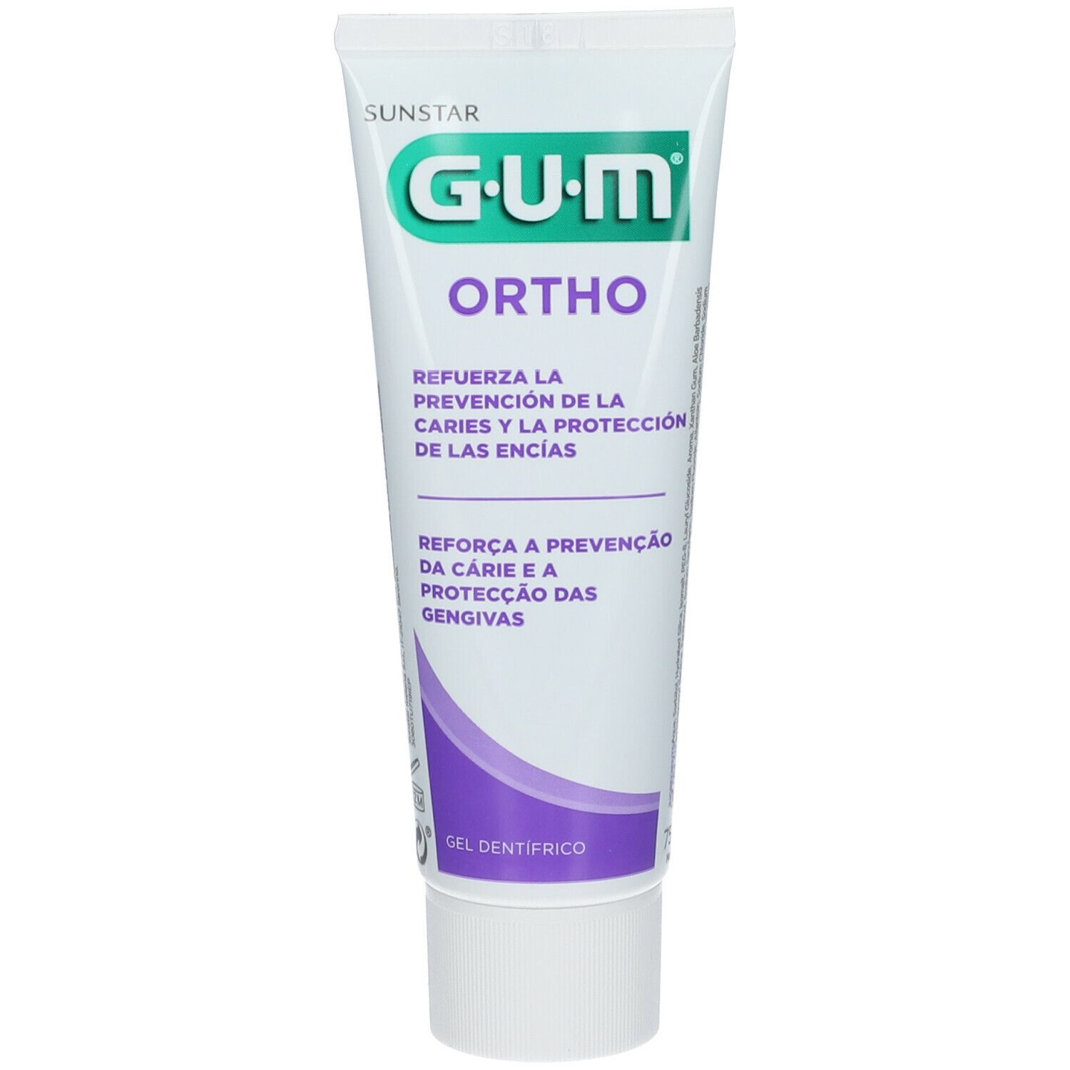 Tubo di dentifricio G.U.M. Ortho. Bianco, viola e verde. Testo: Rafforza la prevenzione della carie e la protezione delle gengive.