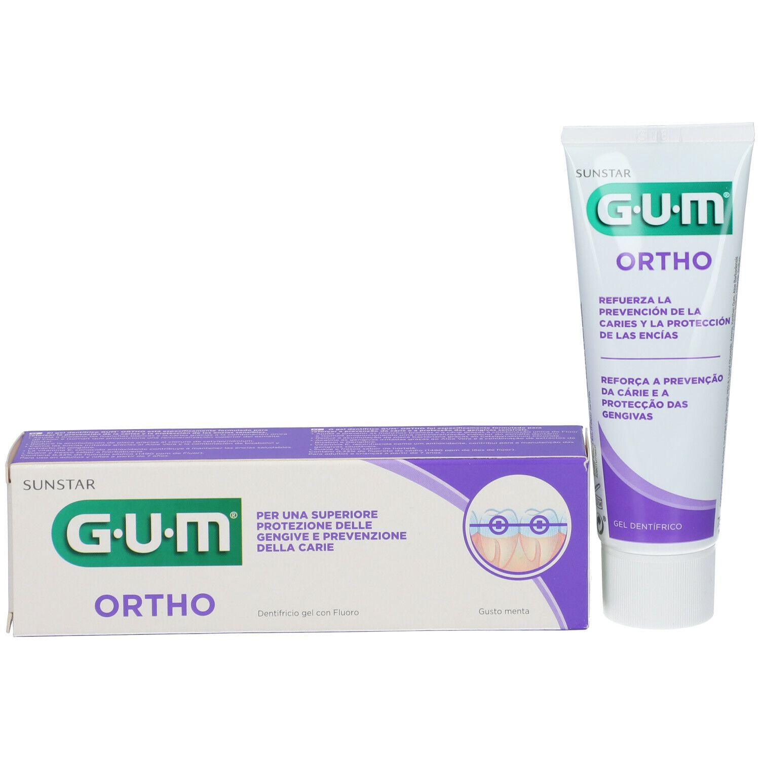 Tubo e scatola di dentifricio G.U.M. Ortho. Bianco, viola e verde. Scatola con illustrazione apparecchio ortodontico.