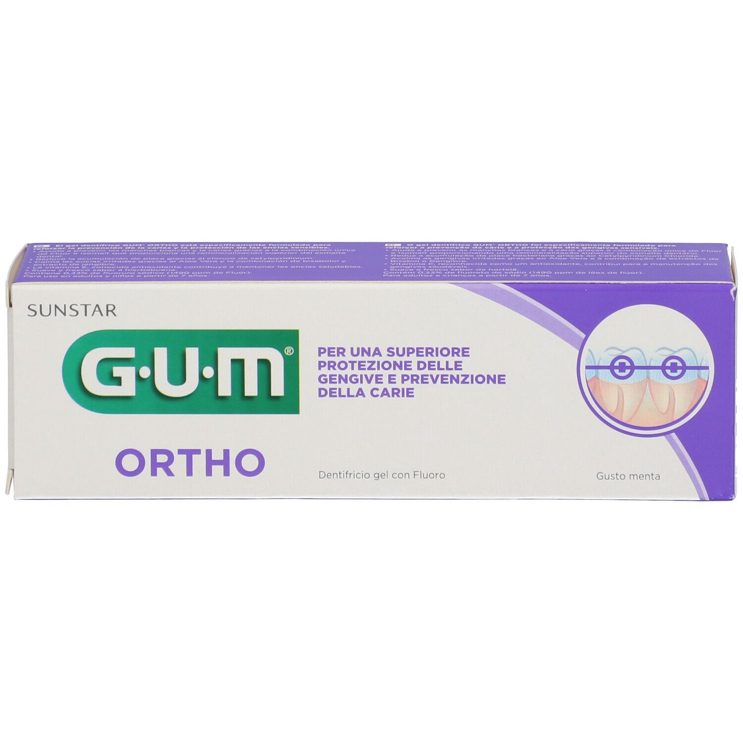 Scatola di dentifricio G.U.M. Ortho. Bianco, viola e verde. Illustrazione apparecchio ortodontico. Testo: Per portatori di apparecchi ortodontici.
