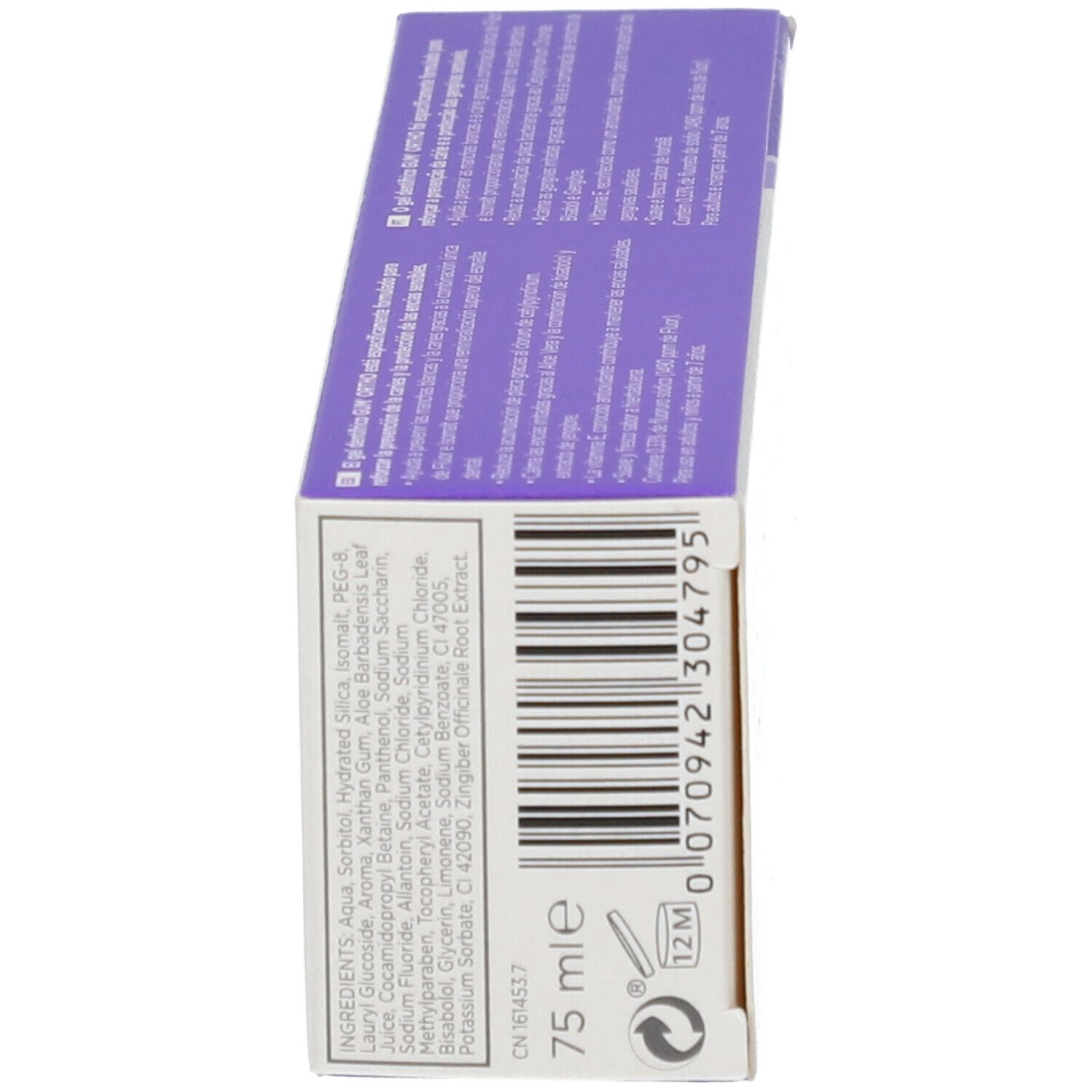 Scatola di dentifricio G.U.M. Ortho. Retro. Testo: Ingredienti, 75 ml, simbolo 12M.