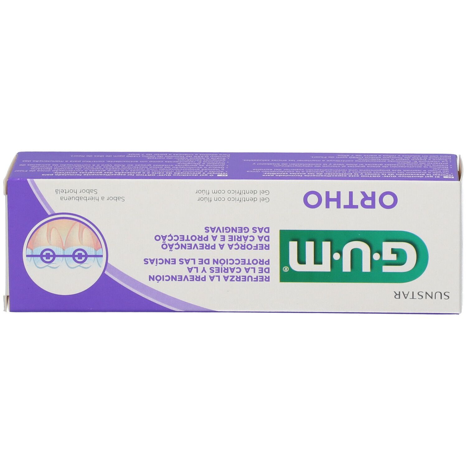 Scatola di dentifricio G.U.M. Ortho. Sopra. Testo: Rafforza la prevenzione della carie e la protezione delle gengive.