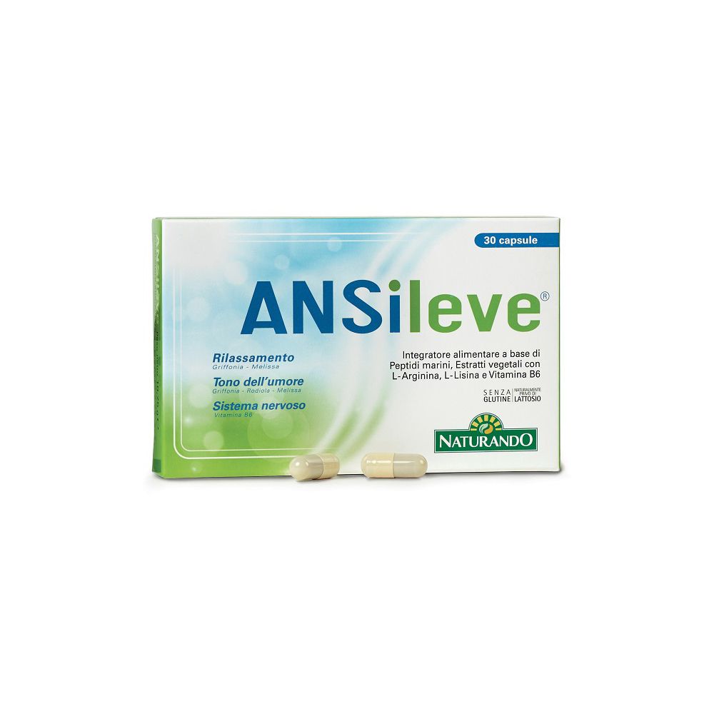 Scatola di capsule ANSileve. Due capsule davanti. Scritta: Naturando, 30 capsule.