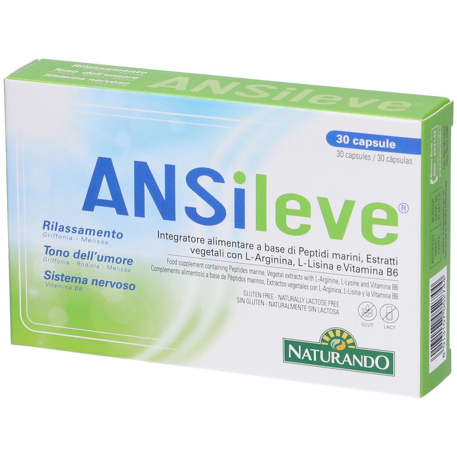 Scatola bianca ANSileve. Scritta: 30 capsule, Naturando. Testo su ingredienti e senza glutine.