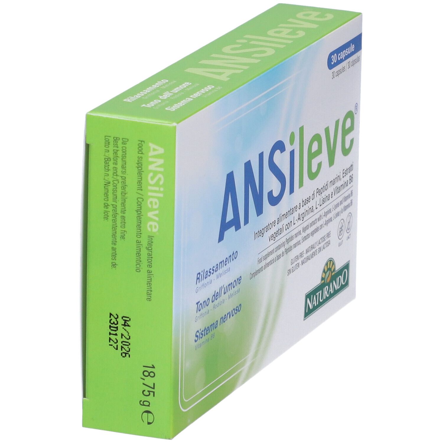 Scatola ANSileve, verde e bianca. Scritta: 30 capsule. Testo su ingredienti e senza glutine. Marchio Naturando.