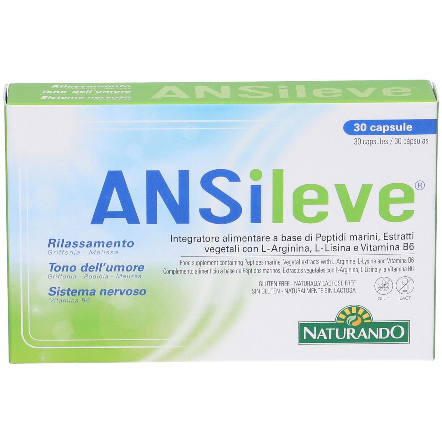 Scatola bianca ANSileve. Scritta: 30 capsule, Naturando. Testo su ingredienti e senza glutine.