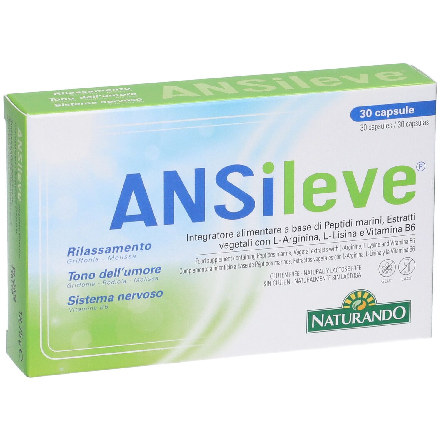 Scatola bianca ANSileve. Scritta: 30 capsule, Naturando. Testo su ingredienti e senza glutine.