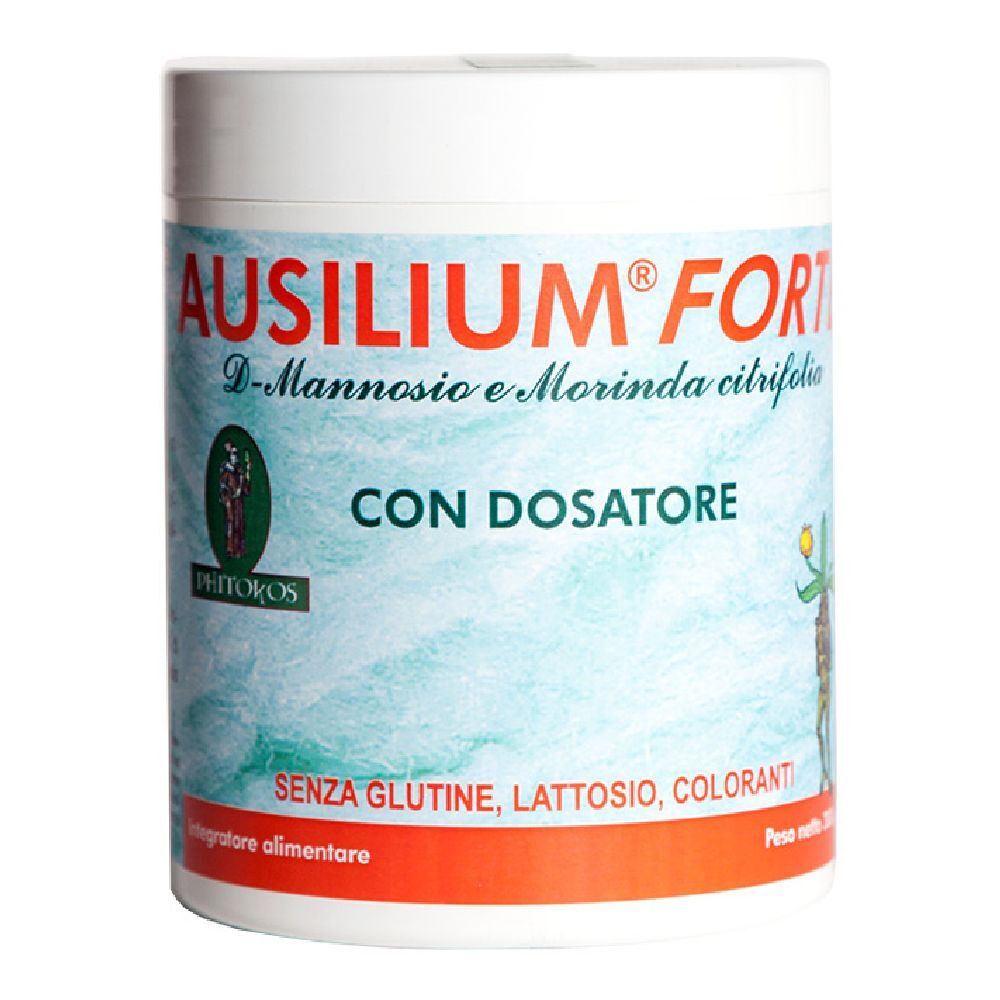 Boîte blanche AUSILIUM® FORTE. Contient D-Mannose et Morinda citrifolia. Avec doseur. Sans gluten, lactose ni colorants.