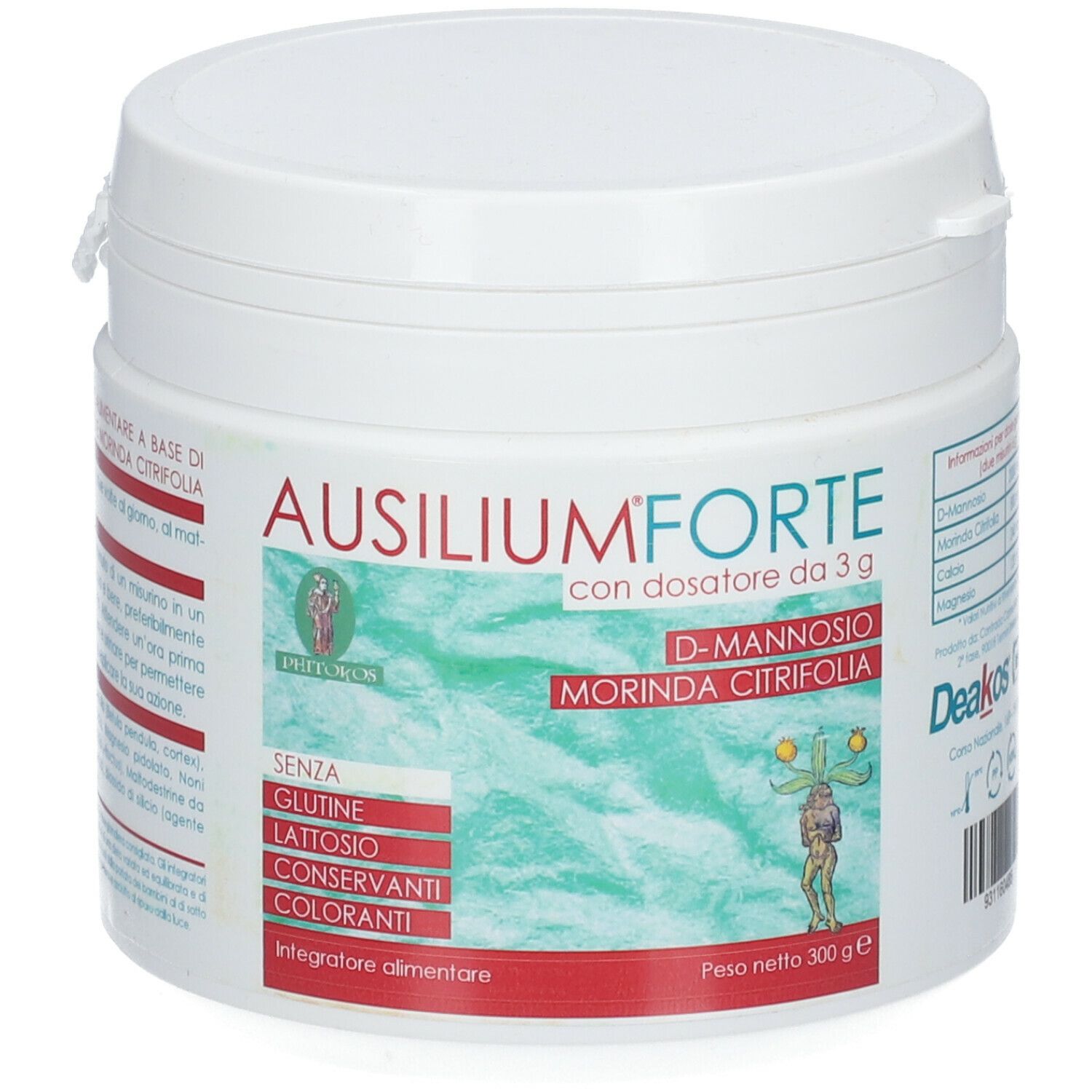 Boîte blanche AUSILIUMFORTE, avec doseur da 3 g. Contient D-Mannose et Morinda citrifolia. Sans gluten, lactose, conservateurs, colorants.
