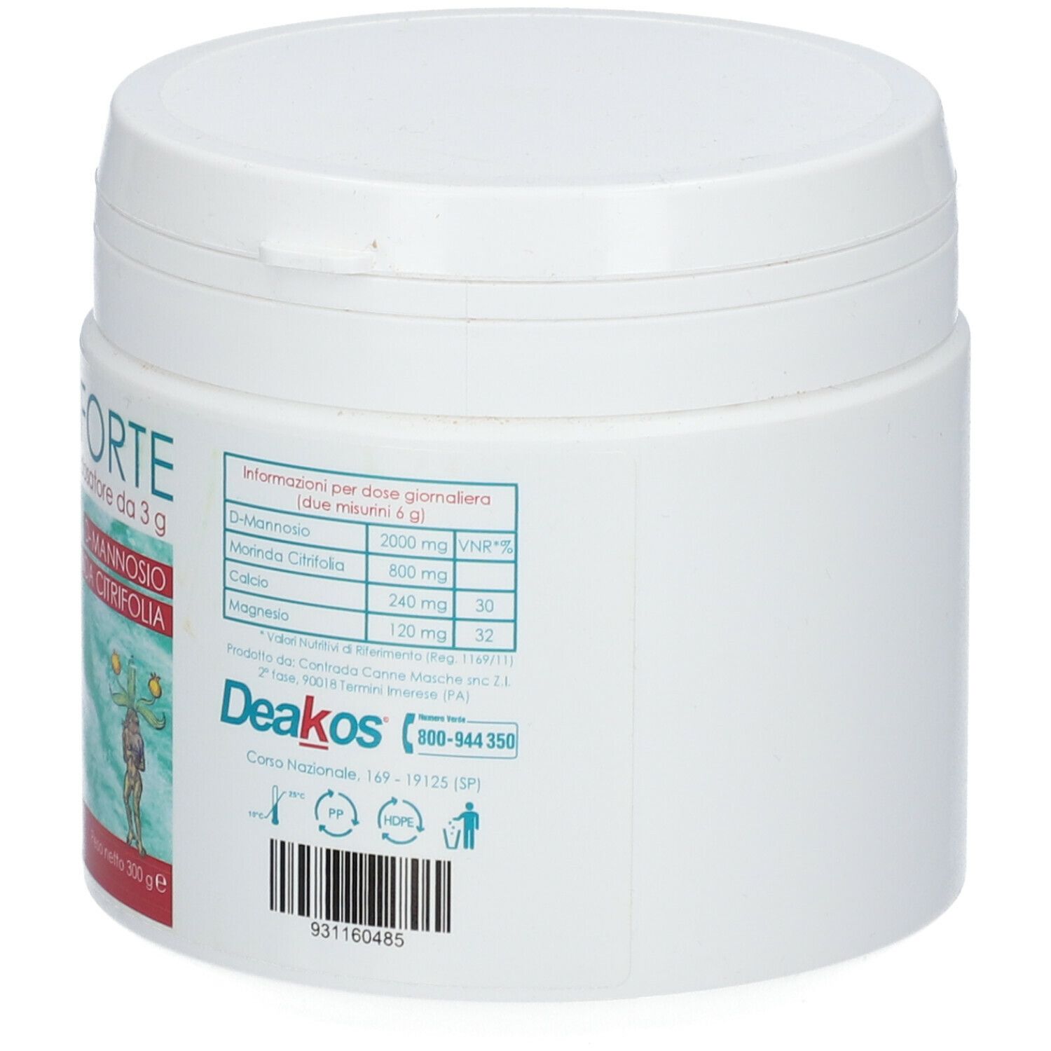 Boîte blanche AUSILIUMFORTE, avec doseur da 3 g. Contient D-Mannose et Morinda citrifolia. Poids 300 g. Logo Deakos. Informations nutritionnelles.