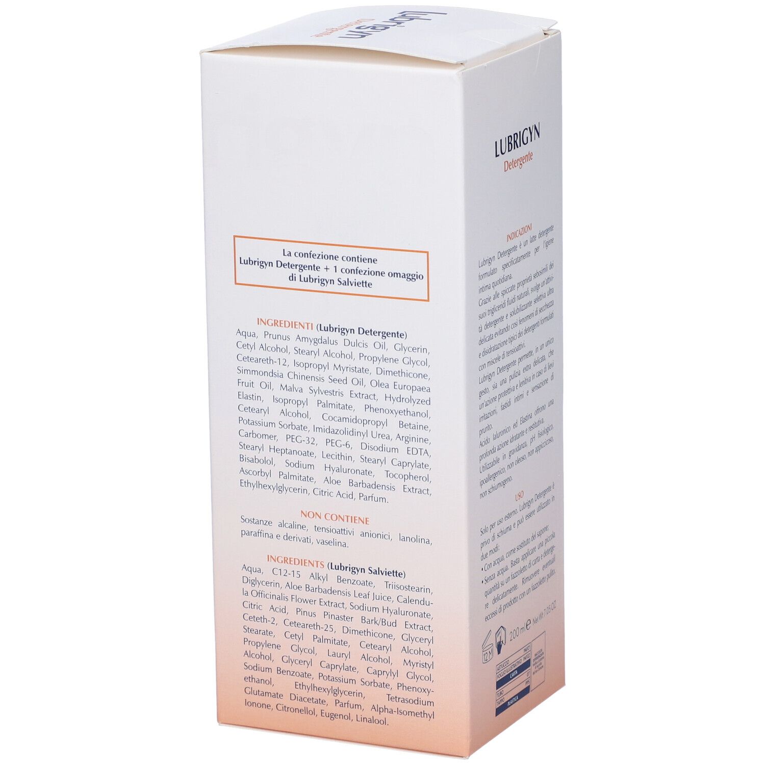 Weiße Verpackung mit Produktinformationen. Text: Lubrigyn Detergente + 1 Geschenkpackung Lubrigyn Salviette. Inhaltsstoffe.