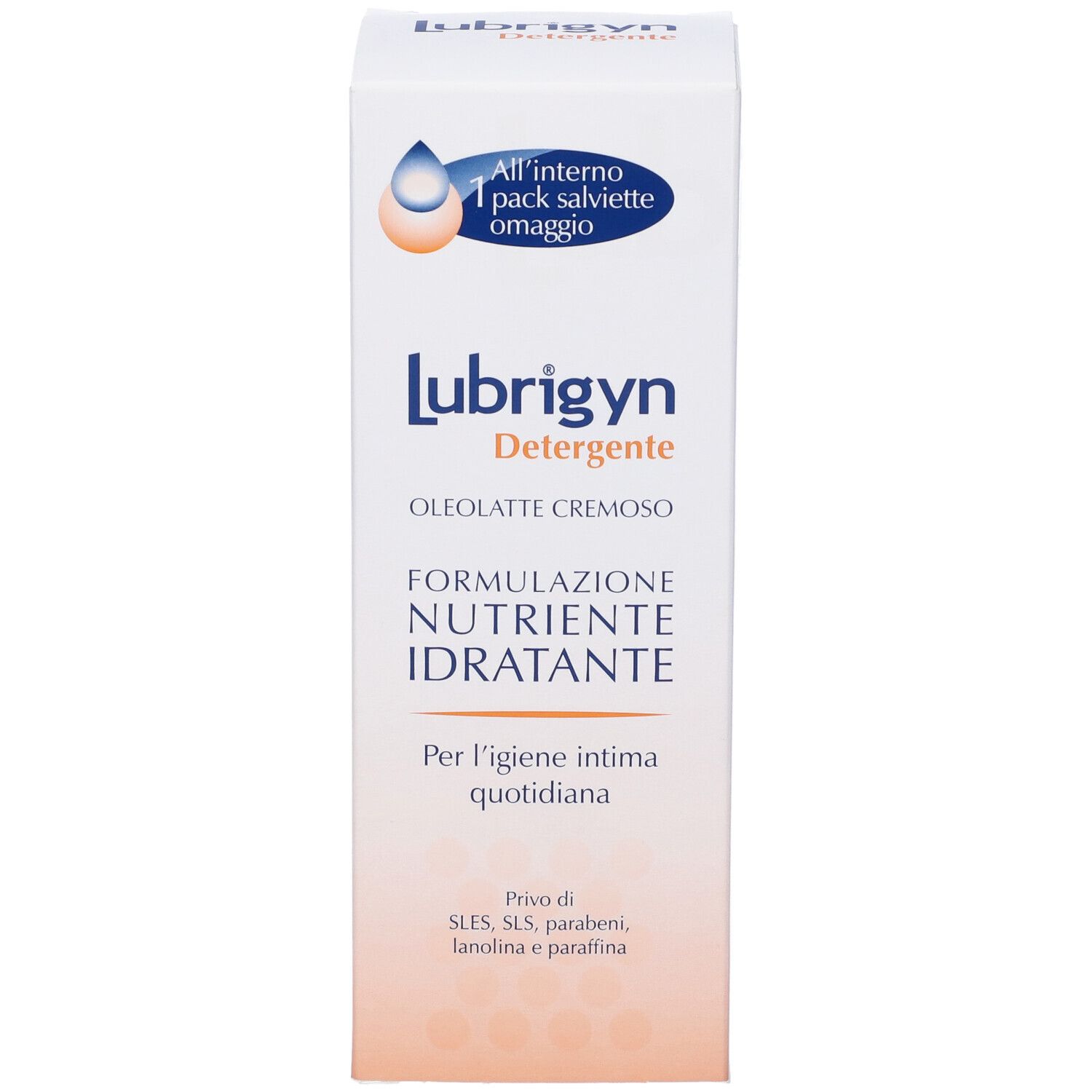 Weißer Karton mit Produktnamen Lubrigyn. Text: Detergente, Oleolatte Cremoso, Formulazione Nutriente Idratante. Enthält ein Packung Feuchttücher.