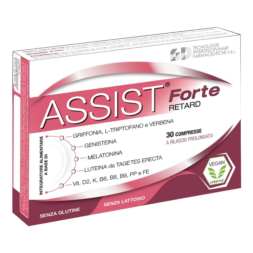 Scatola Assist Forte Retard. Confezione bianca e rosa con nome del prodotto e ingredienti. 30 compresse, vegan.