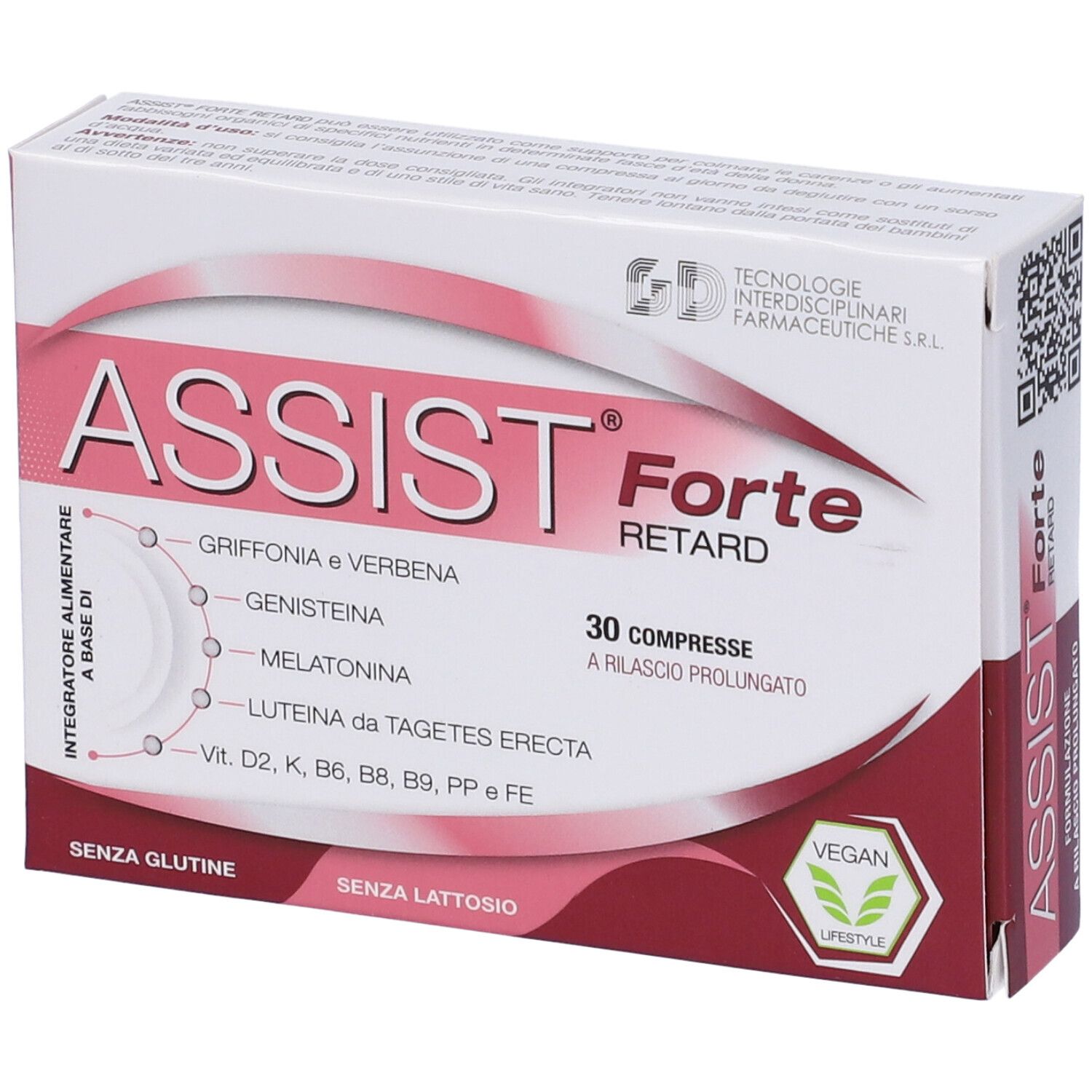 Scatola Assist Forte Retard. Confezione bianca e rosa con nome del prodotto e ingredienti. Codice QR.