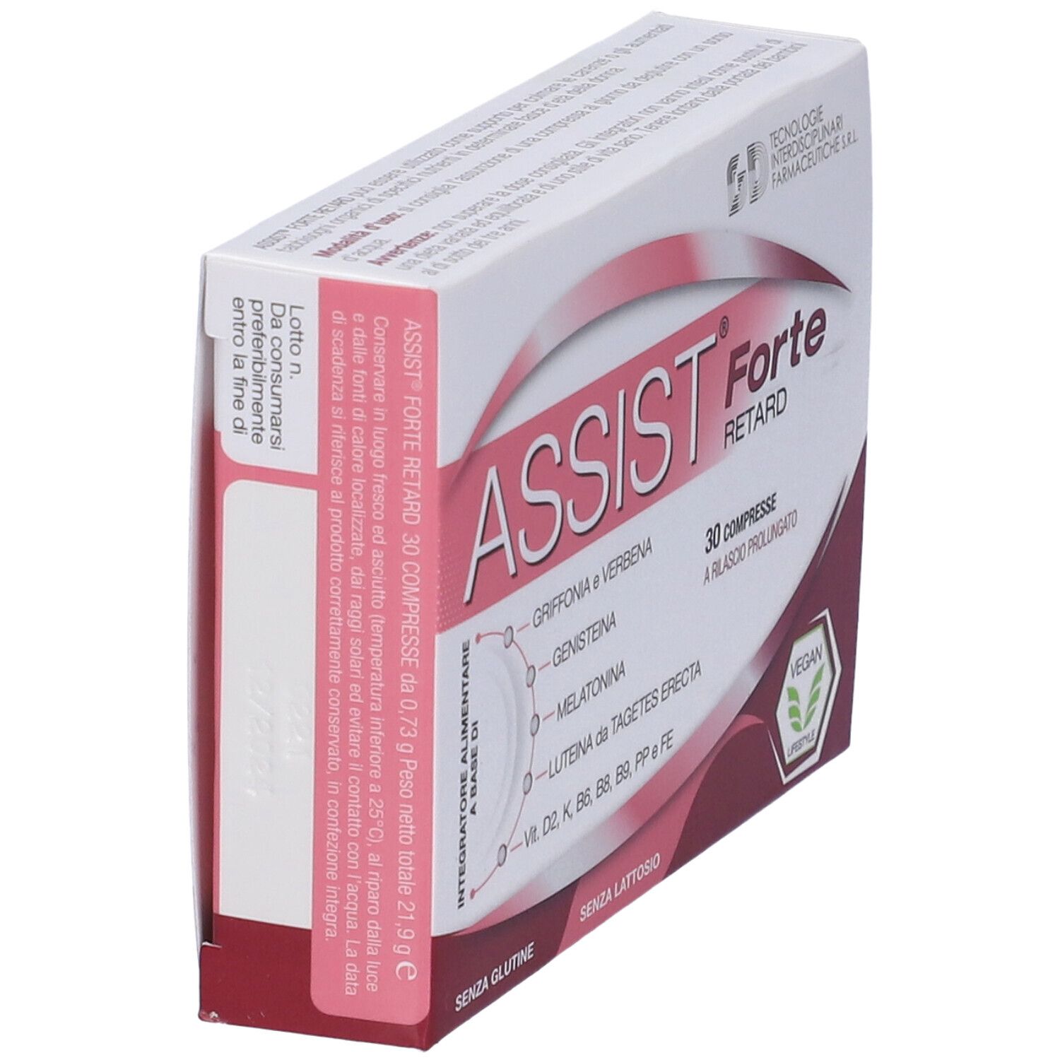 Scatola Assist Forte Retard. Confezione bianca e rosa con nome del prodotto e ingredienti. Vista laterale.