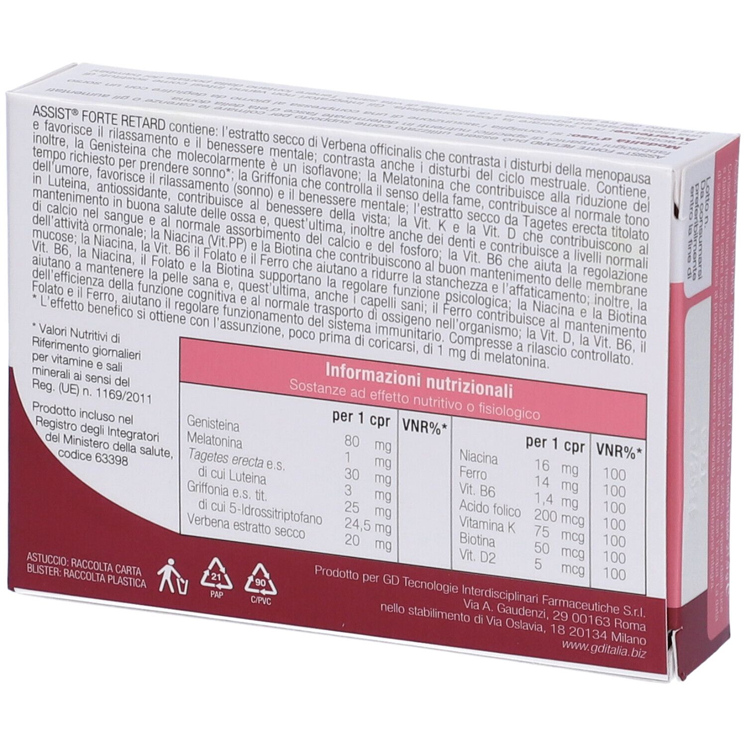 Scatola Assist Forte Retard. Retro della scatola con ingredienti e informazioni nutrizionali. Testo.