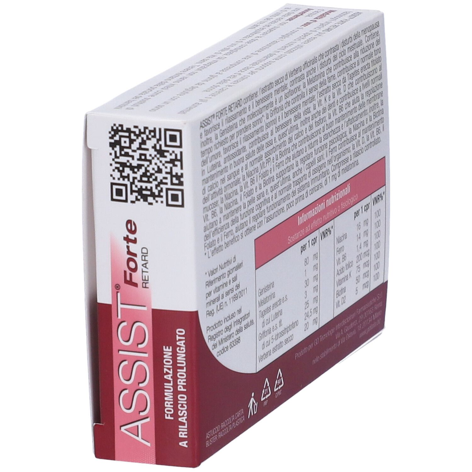 Scatola Assist Forte Retard. Confezione bianca e rosa con nome del prodotto e ingredienti. Vista laterale.