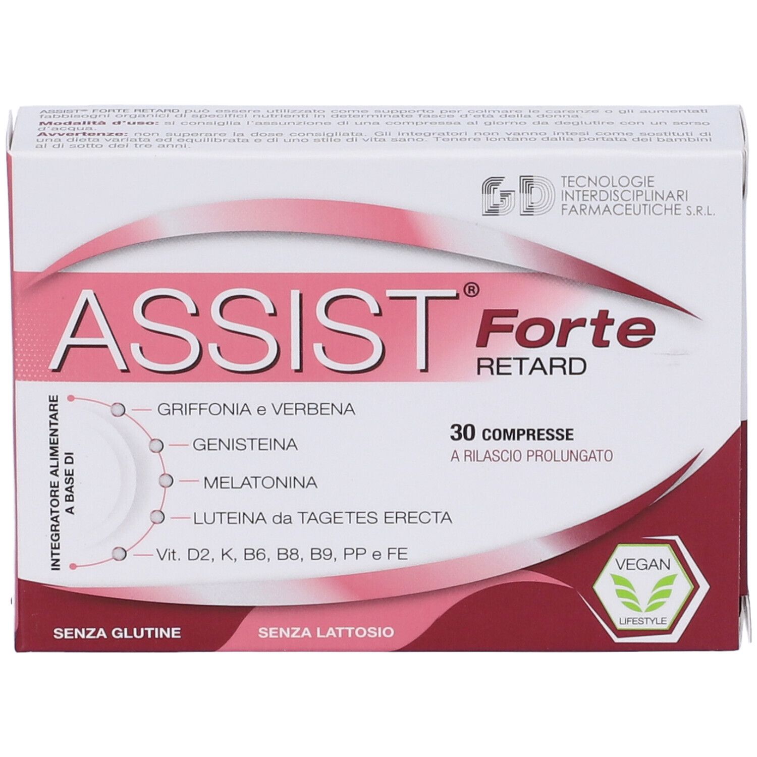 Scatola Assist Forte Retard. Confezione bianca e rosa con nome del prodotto e ingredienti. 30 compresse.