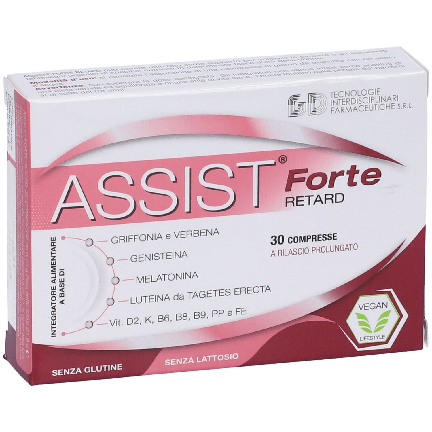 Scatola Assist Forte Retard. Confezione bianca e rosa con nome del prodotto e ingredienti. 30 compresse, vegan.