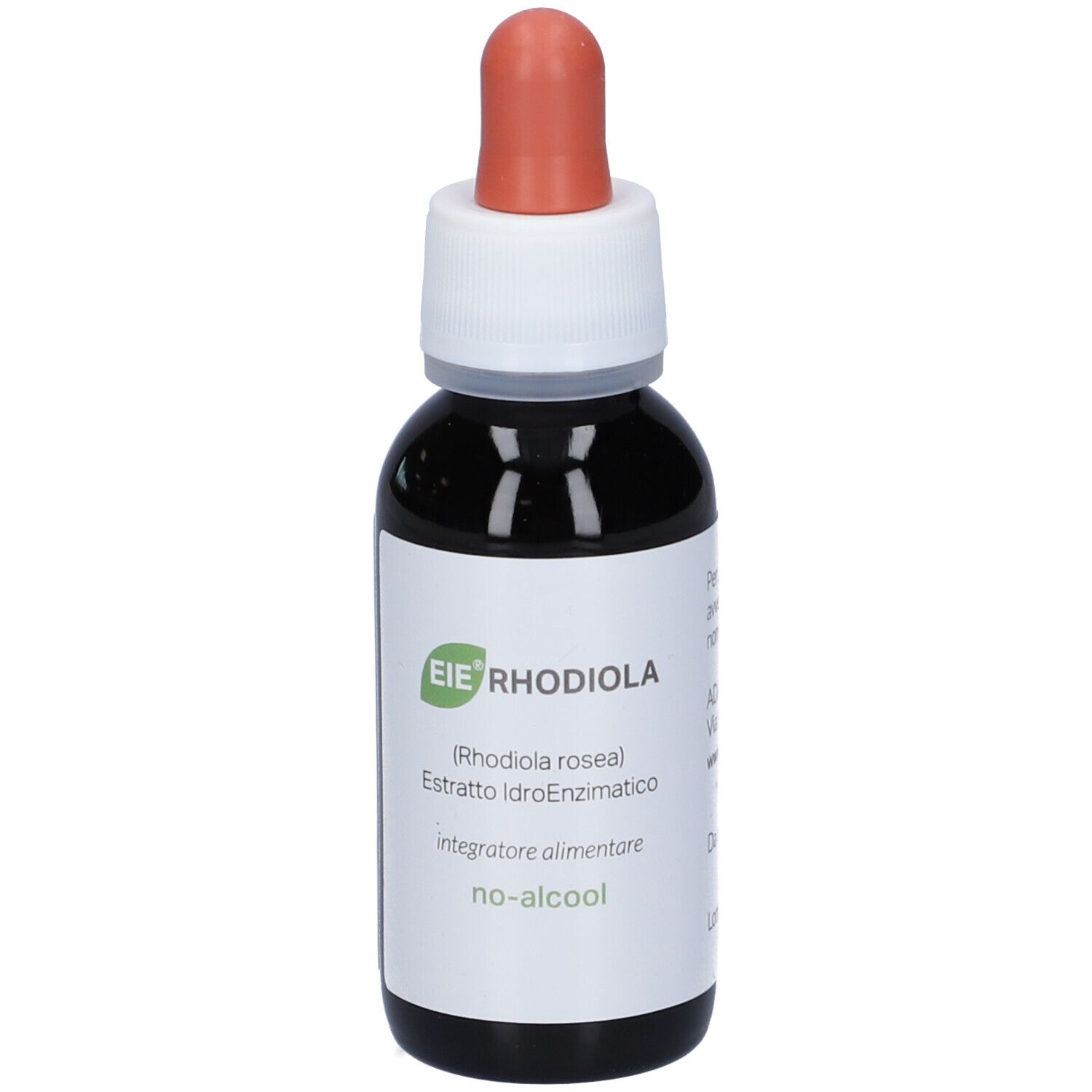 Flacone di vetro marrone con tappo bianco e contagocce rosso. Etichetta con nome del prodotto e ingredienti.