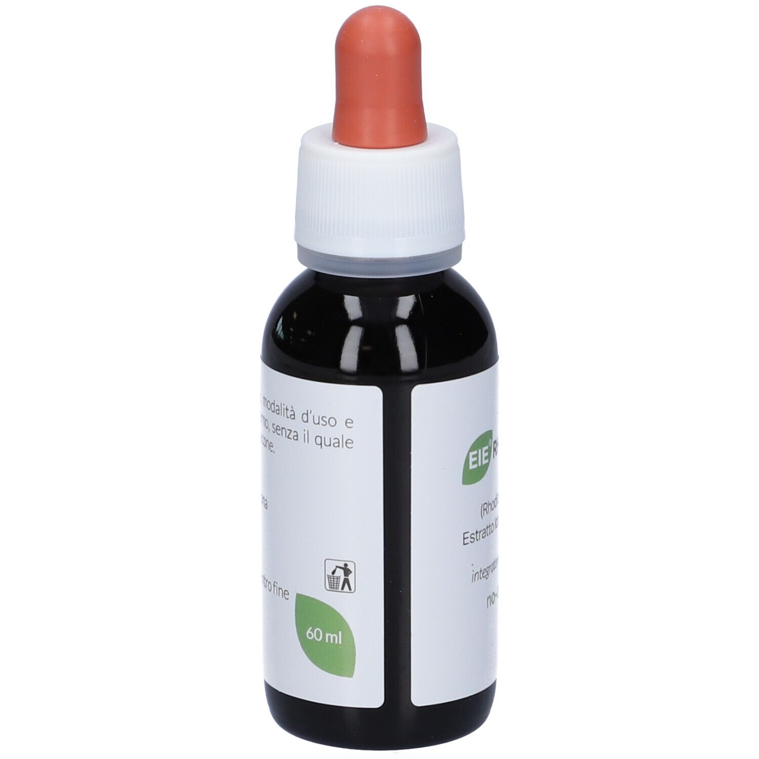 Flacone di vetro marrone con tappo bianco e contagocce rosso. Etichetta con informazioni e indicazione 60 ml.