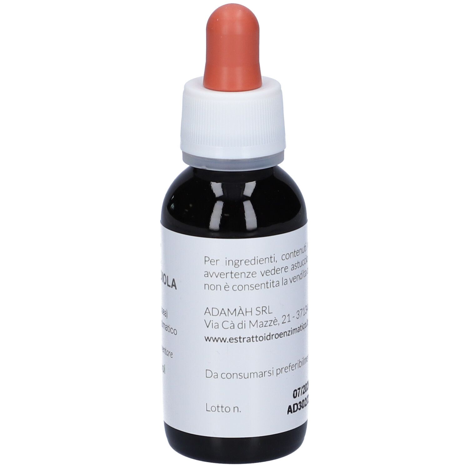 Flacone di vetro marrone con tappo bianco e contagocce rosso. Etichetta con informazioni produttore e numero di lotto.
