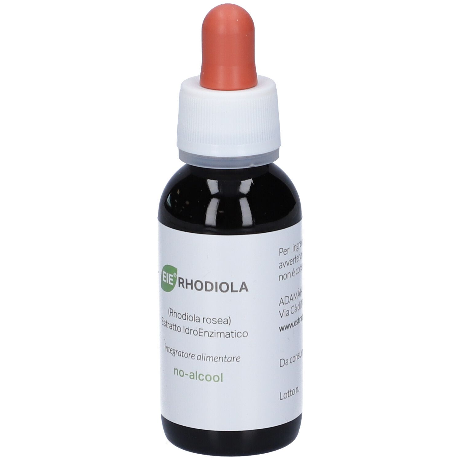 Flacone di vetro marrone con tappo bianco e contagocce rosso. Etichetta con nome del prodotto e ingredienti.
