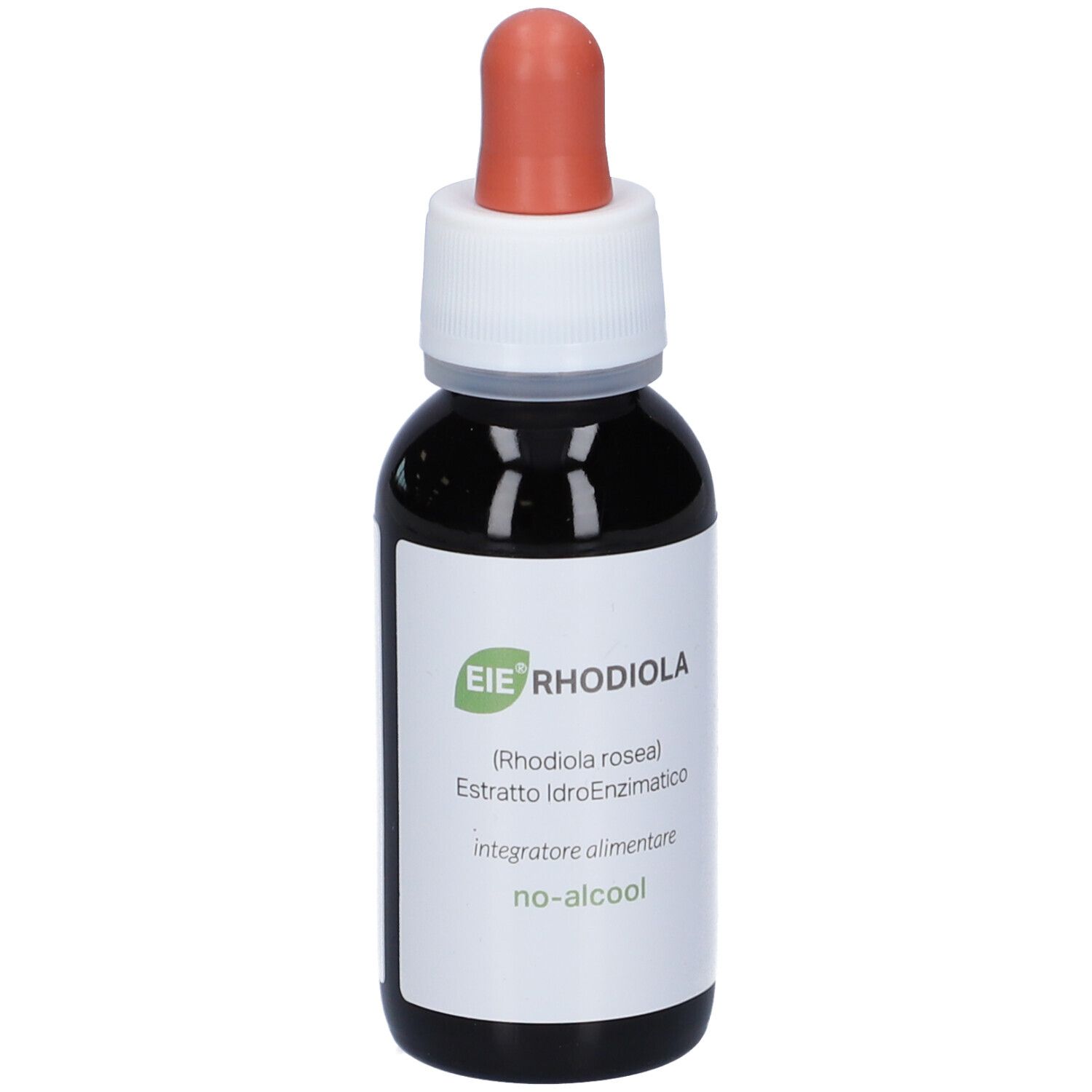 Flacone di vetro marrone con tappo bianco e contagocce rosso. Etichetta con nome del prodotto e ingredienti.