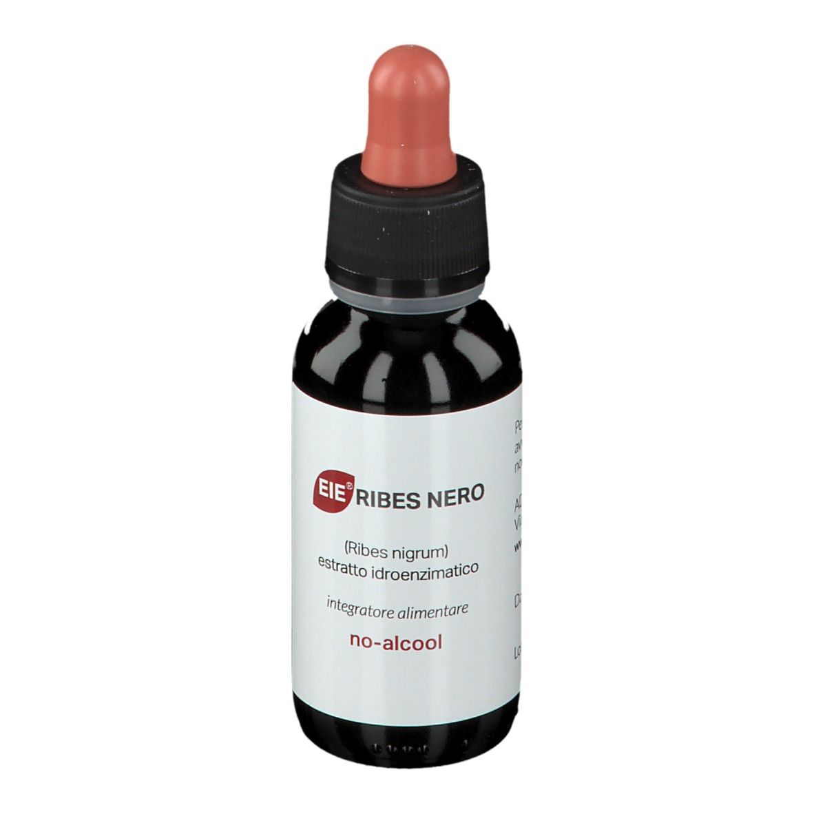 Flacone di vetro marrone con tappo nero e contagocce rosso. Etichetta con testo: EIE Ribes Nero, no-alcool.