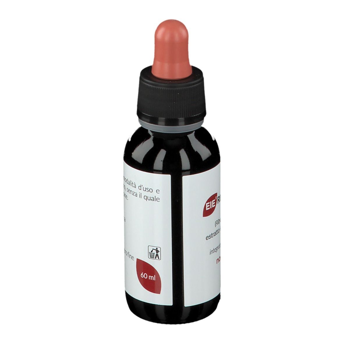 Flacone di vetro marrone con tappo nero e contagocce rosso. Etichetta con testo e indicazione del volume 60 ml.