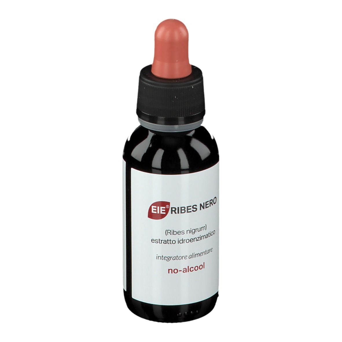 Flacone di vetro marrone con tappo nero e contagocce rosso. Etichetta con testo: EIE Ribes Nero, no-alcool.