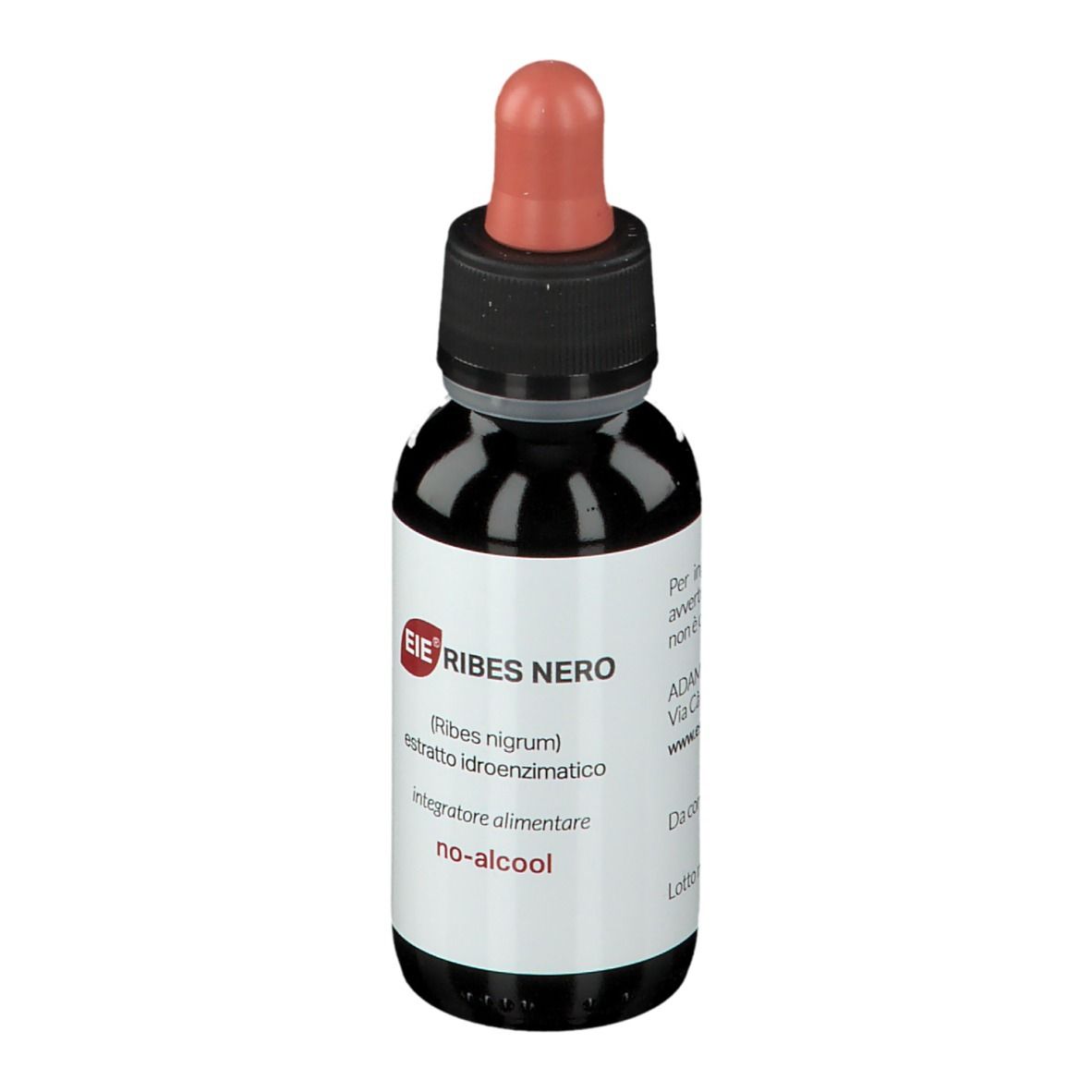 Flacone di vetro marrone con tappo nero e contagocce rosso. Etichetta con testo: EIE Ribes Nero, no-alcool.