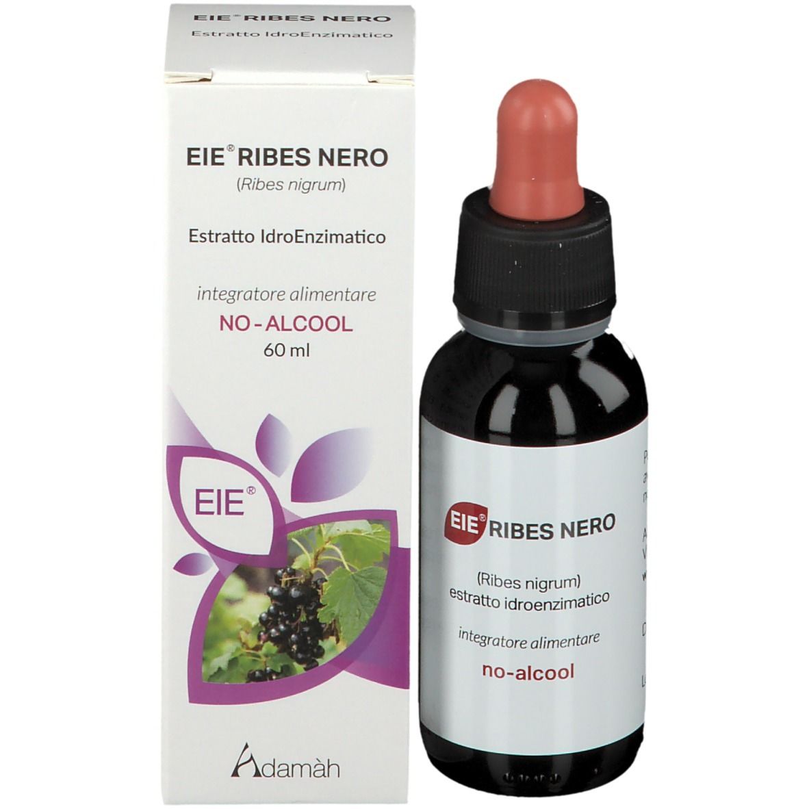 Flacone di vetro marrone con tappo nero e contagocce rosso accanto a una scatola bianca. Sulla scatola: EIE Ribes Nero.