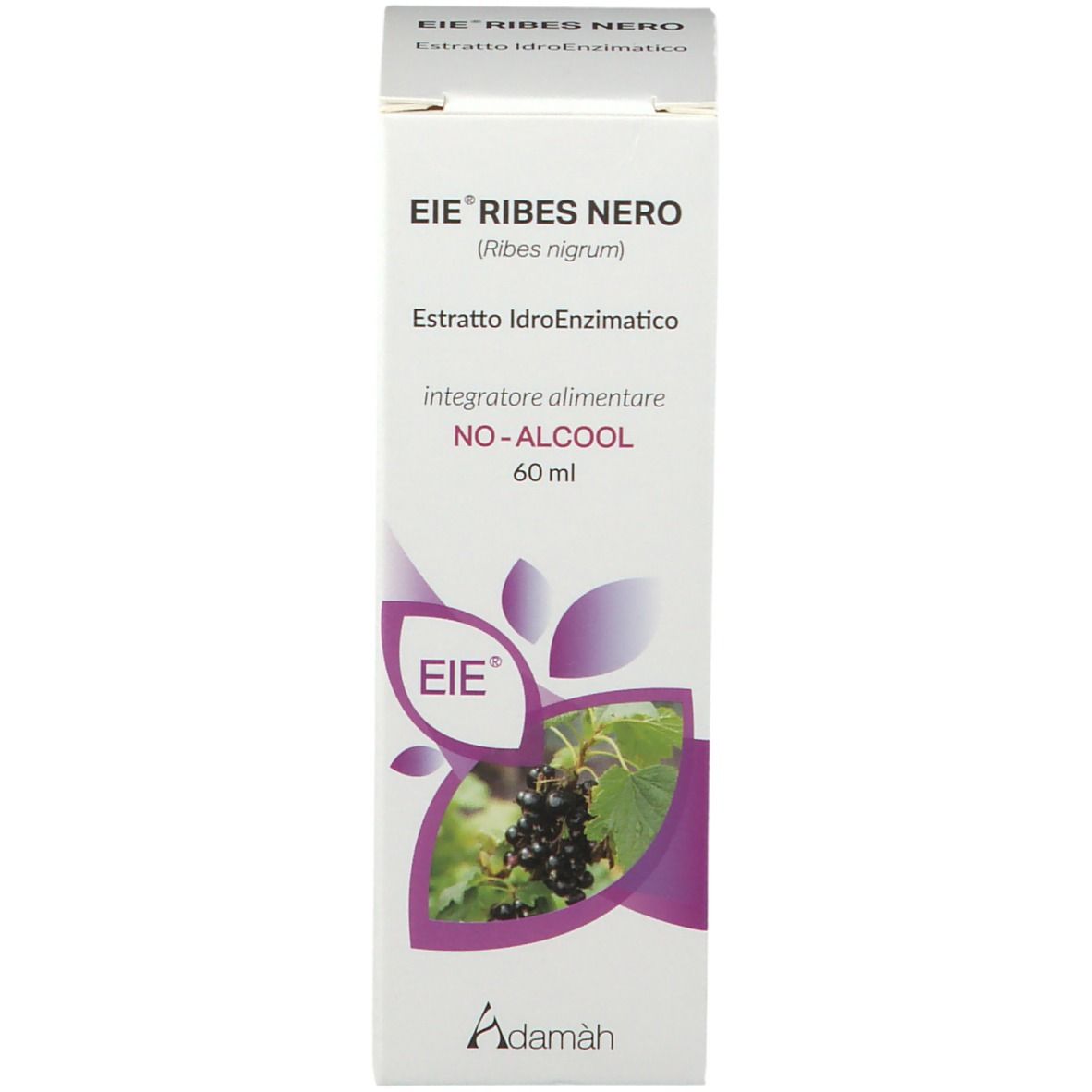 Scatola bianca con testo: EIE Ribes Nero, illustrazione di ribes nero e logo di Adamàh.