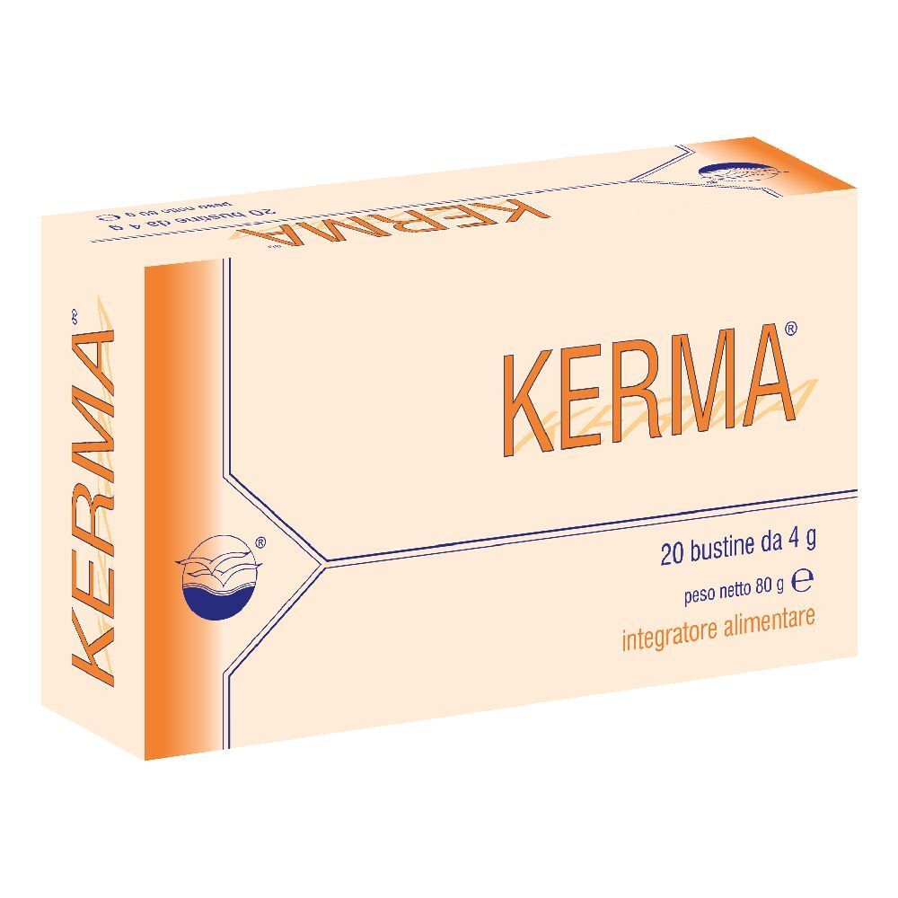 Confezione in cartone beige con scritta KERMA. Contiene 20 bustine, peso netto 80 g. Integratore alimentare.