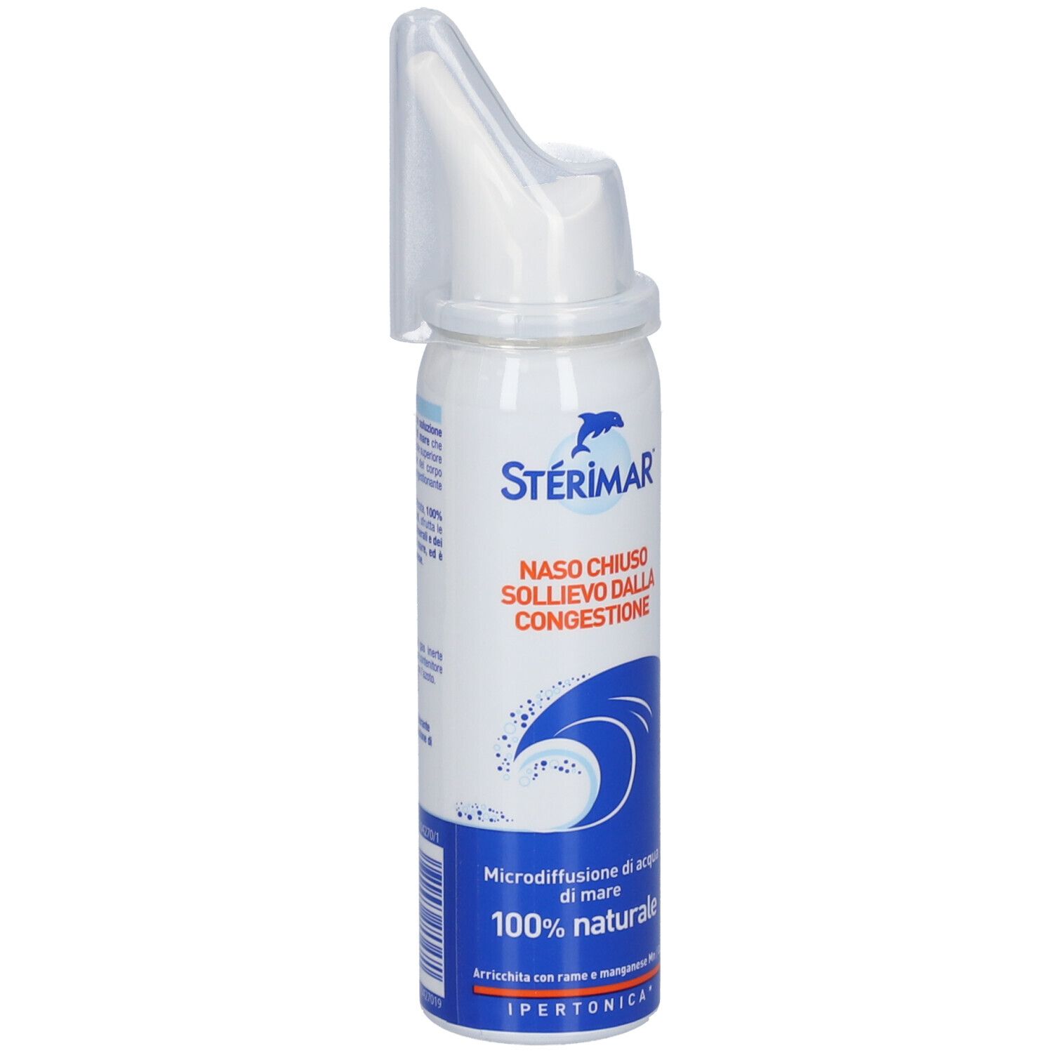 Sterimar Nasenspray-Flasche mit weißem Applikator und blau-weißer Welle auf dem Etikett. 100 ml.