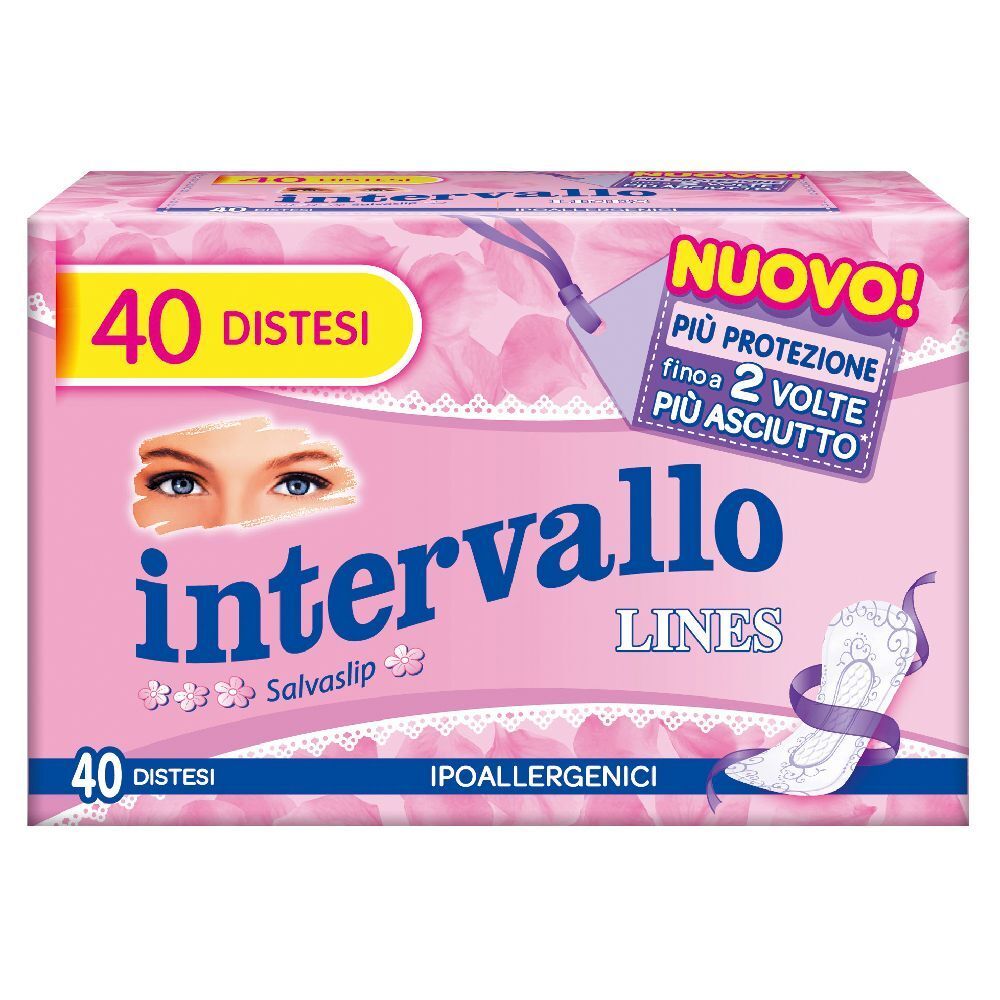 Confezione rosa 'Intervallo' con '40 Distesi'. Illustrazione occhi e immagine prodotto. 'Nuovo!' e 'Più protezione'.