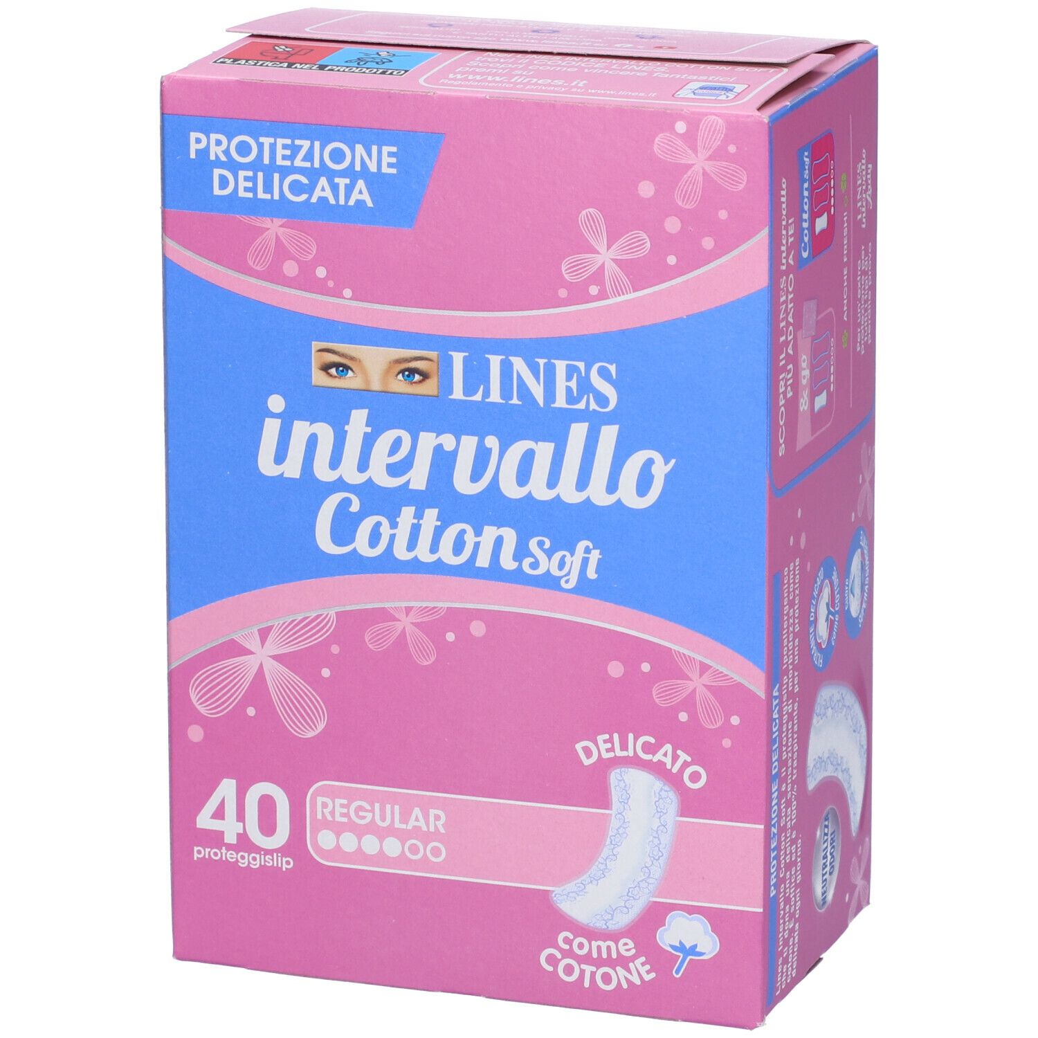 Scatola rosa e blu 'Lines Intervallo Cotton Soft'. Contiene 40 proteggislip. Immagine di un salvaslip.