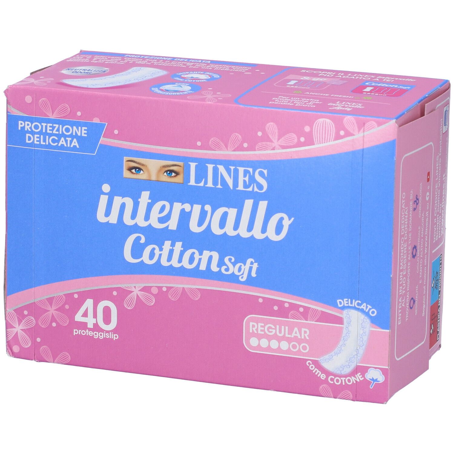 Scatola rosa e blu 'Lines Intervallo Cotton Soft'. Contiene 40 proteggislip. Immagine di un salvaslip.