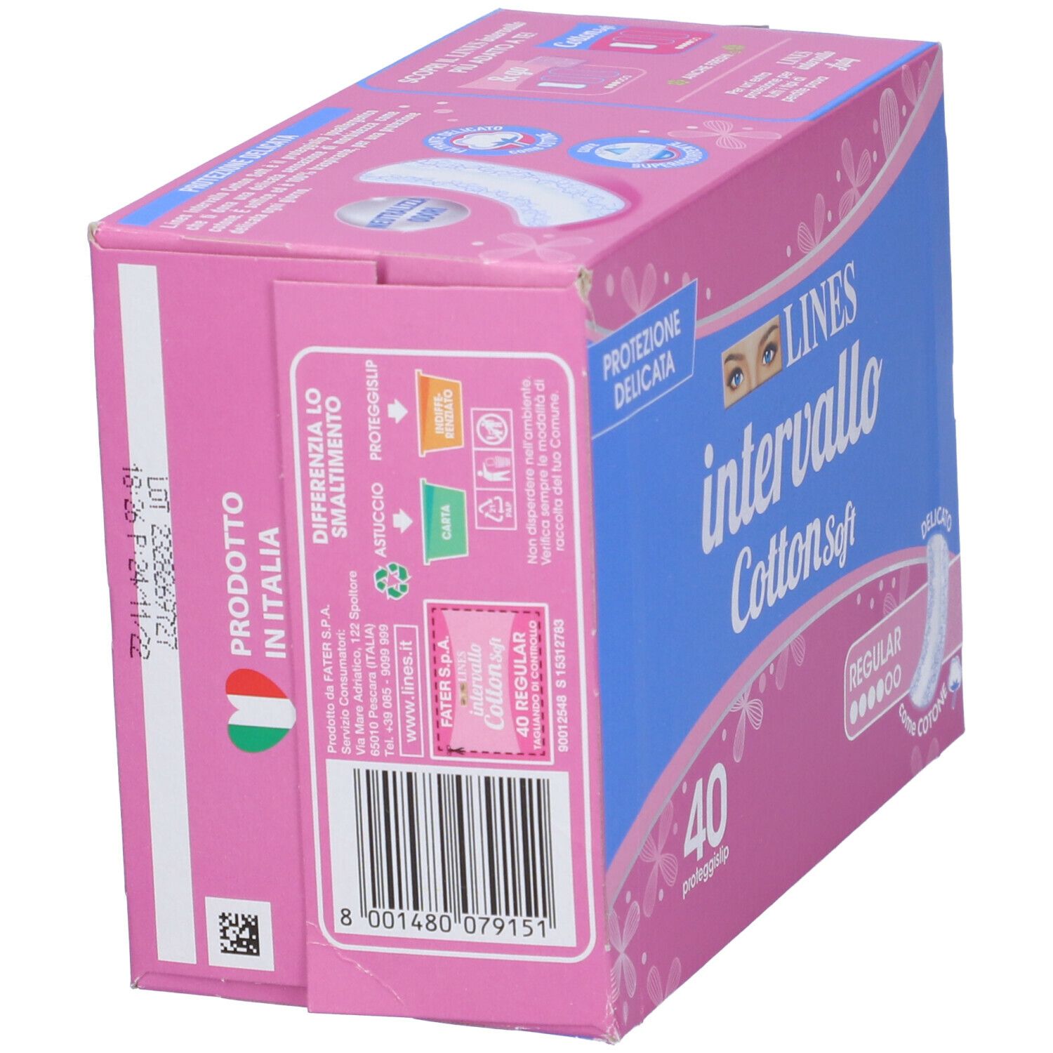 Scatola rosa e blu 'Lines Intervallo Cotton Soft'. Contiene 40 proteggislip. Retro con testo e codice a barre.