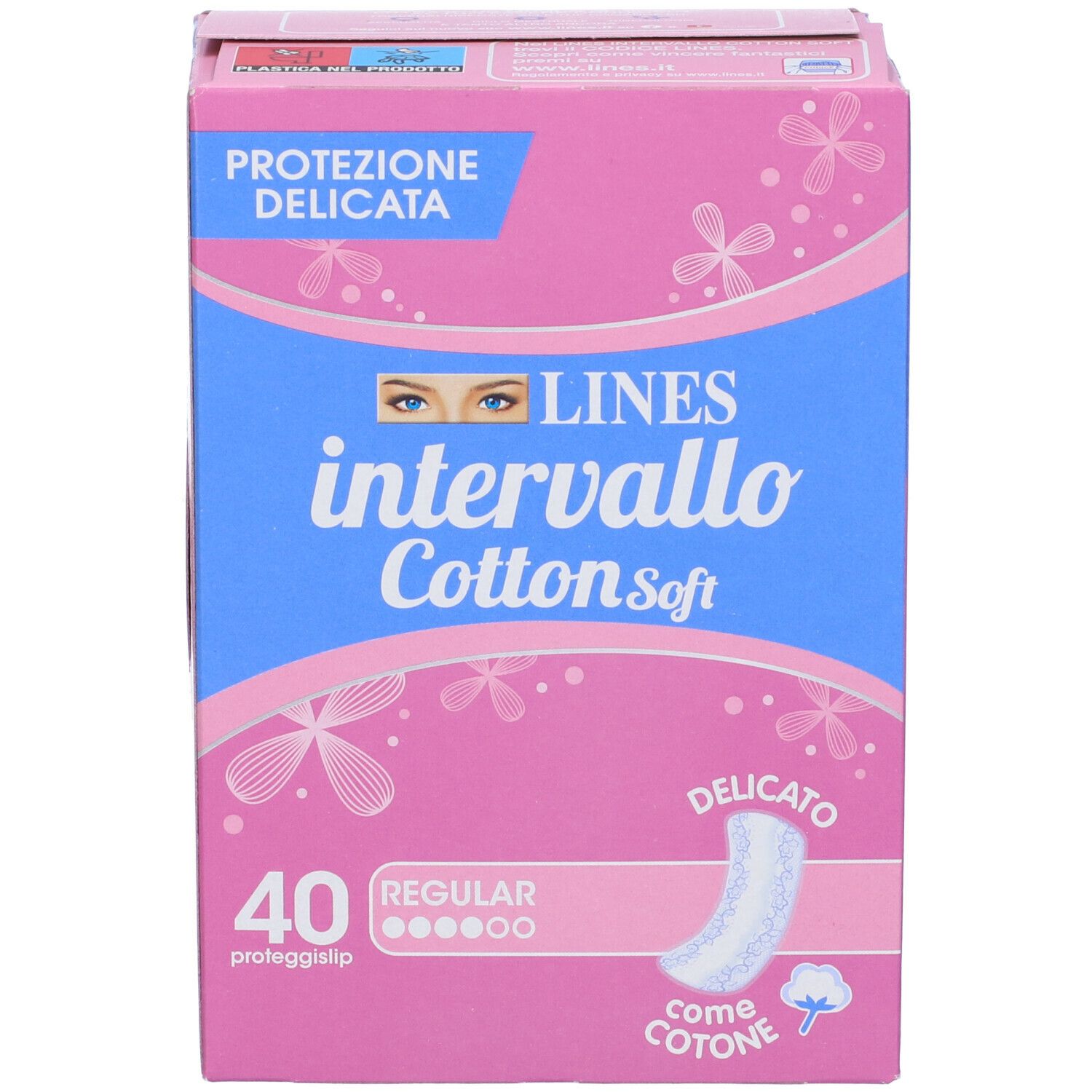 Scatola rosa e blu 'Lines Intervallo Cotton Soft'. Contiene 40 proteggislip. Immagine di un salvaslip.