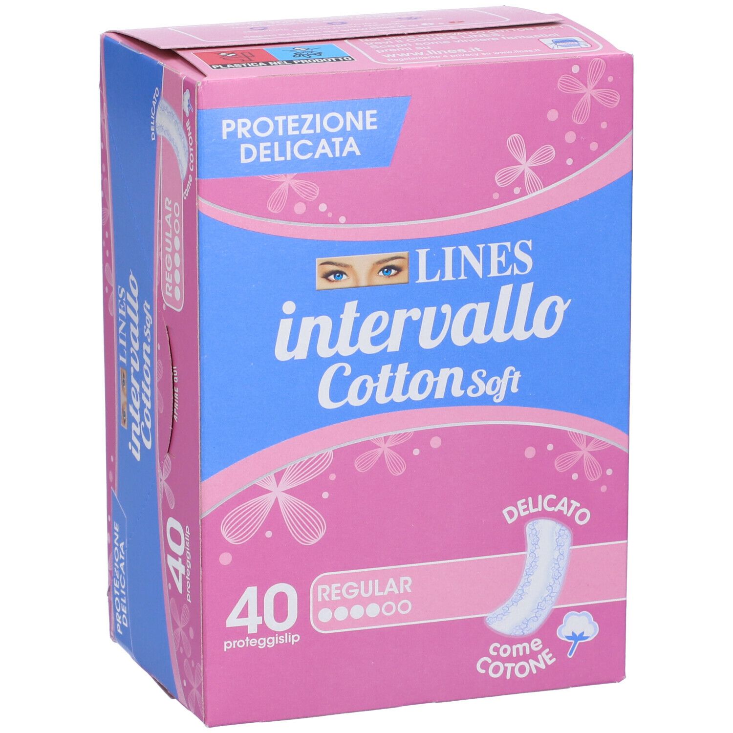 Scatola rosa e blu 'Lines Intervallo Cotton Soft'. Contiene 40 proteggislip. Immagine di un salvaslip.