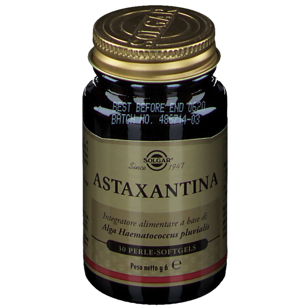 Flacone di vetro marrone con tappo dorato. Scritta: Astaxantina, 30 perle-softgels. Marchio: SOLGAR.