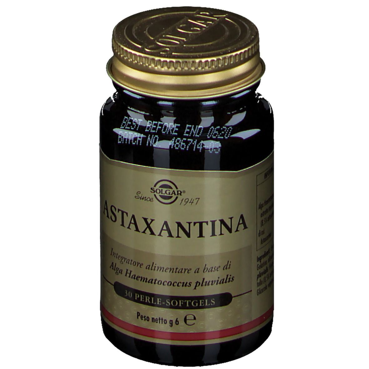Flacone di vetro marrone con tappo dorato. Scritta: Astaxantina, 30 perle-softgels. Marchio: SOLGAR.
