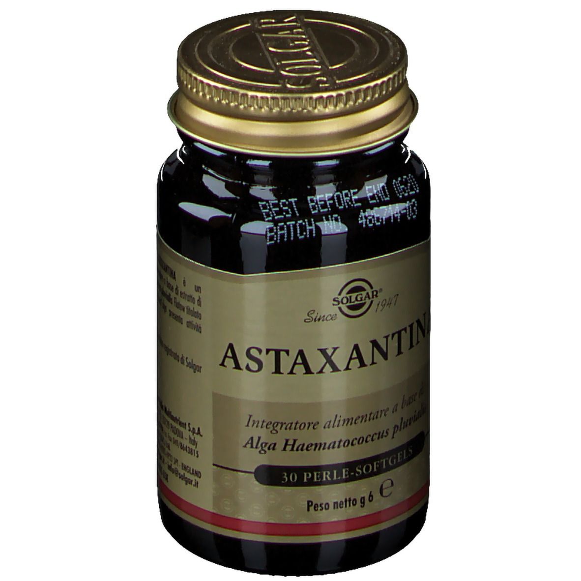 Flacone di vetro marrone con tappo dorato. Scritta: Astaxantina, 30 perle-softgels. Marchio: SOLGAR.