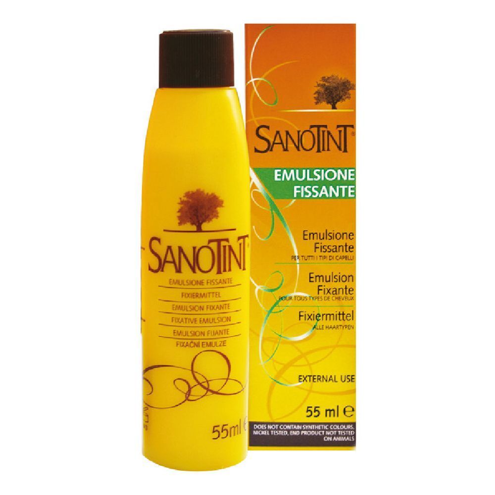Flacone giallo, tappo marrone. Sanotint Emulsione Fissante. Con confezione.